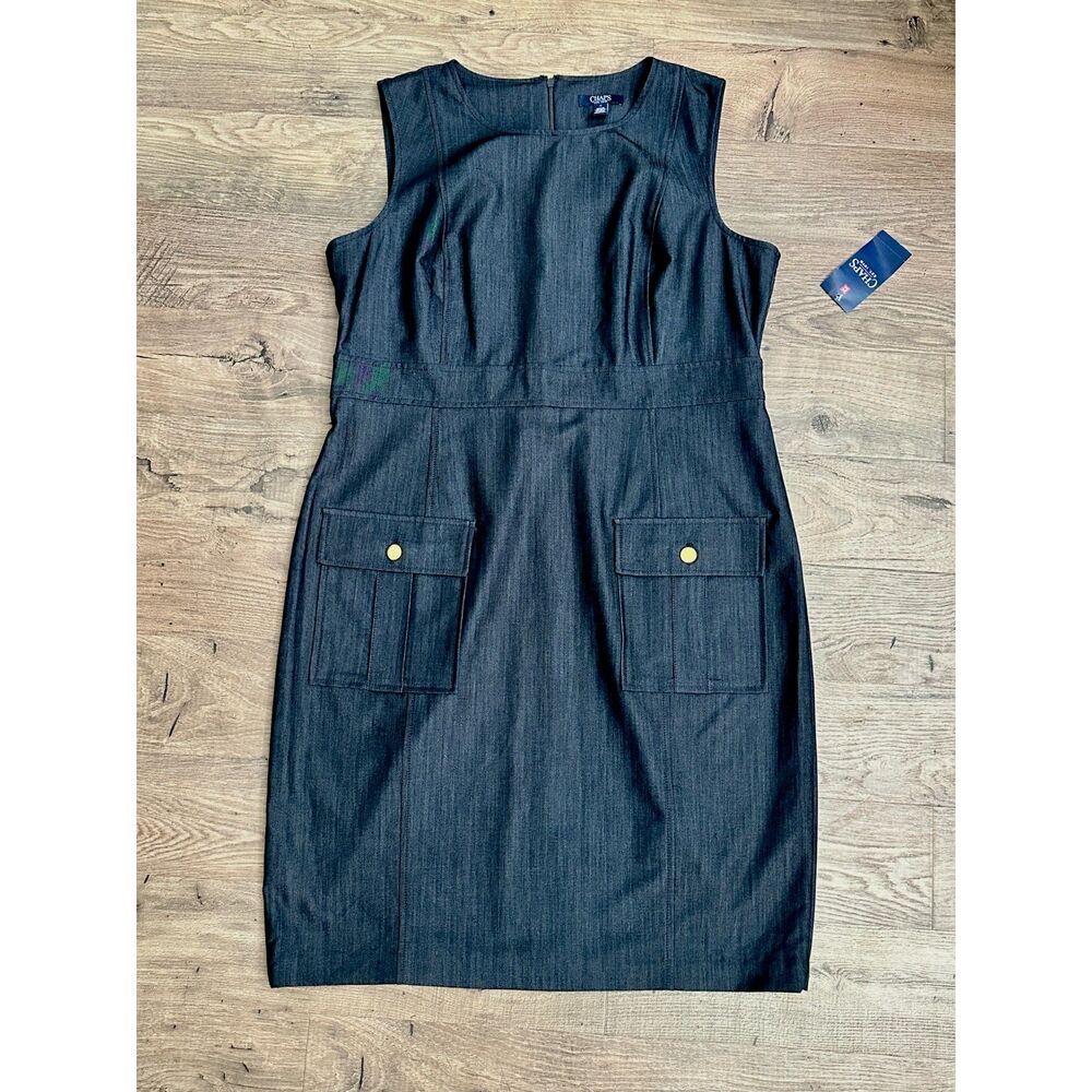 NWT Chaps Womens Size 16 Sheath Dress Dark Wash Utility Pockets Sleeveless